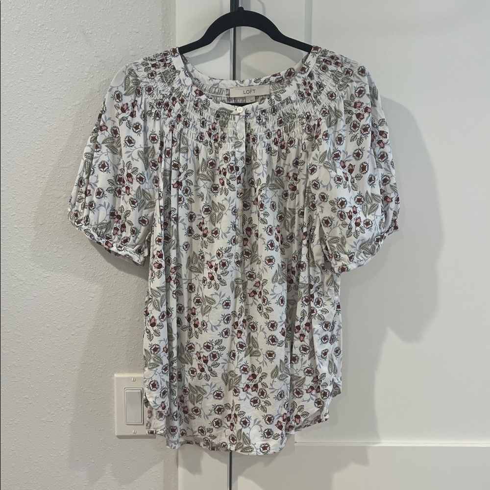 LOFT White  Floral Smocked Top